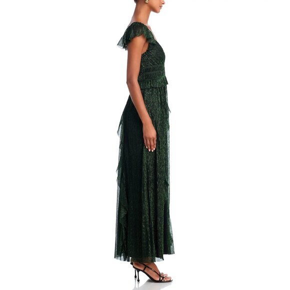 AQUA x WICKED 💚 Metallic Ruffled Holiday Party Maxi Dress, Black/Green, NWT - Picture 4 of 16